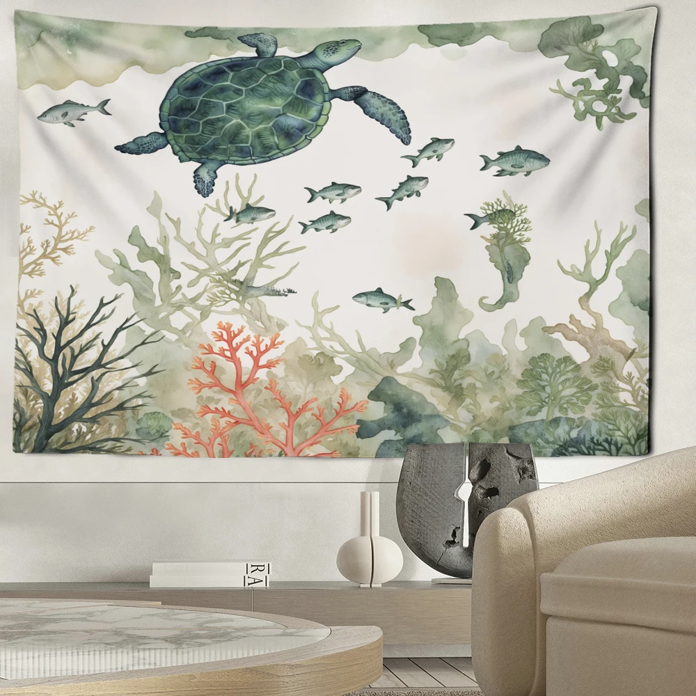 Green Turtle Small Fish Seaweed Tapestry Wall Hanging Natural Art Scenery Bohemian Dormitory Bedroom Home Decor