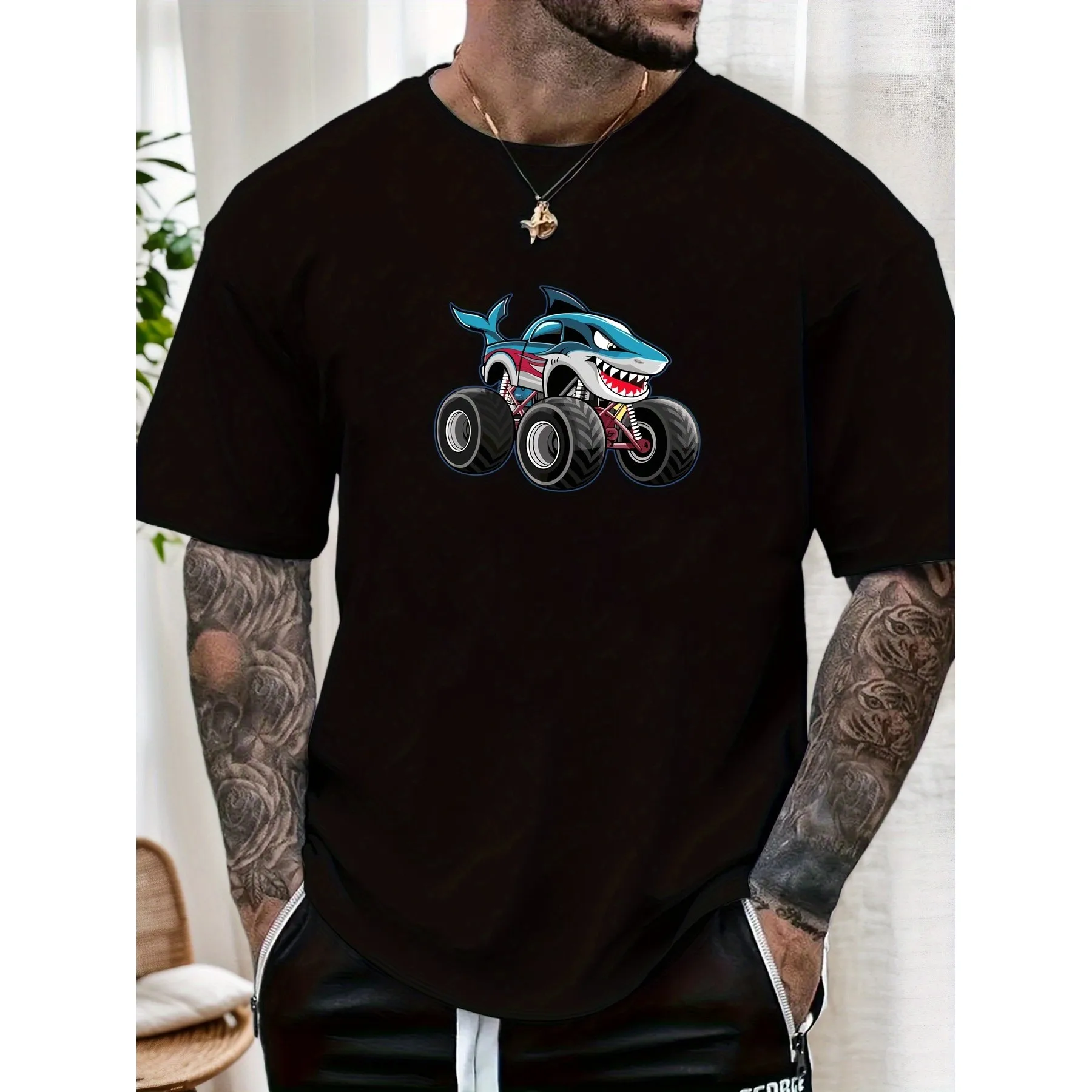 Shark Monster Truck Graphic Tee Men Casual O-Neck Short Sleeve Cotton T-Shirt Summer Print