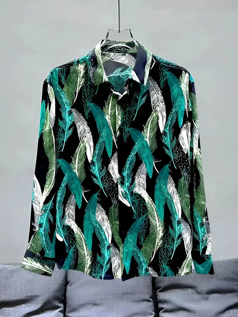 قميص رجالي فاخر مطبوع عليه ريش ثلاثي الأبعاد قميص كاجوال بأكمام طويلة، قميص عصري عالي الجودة