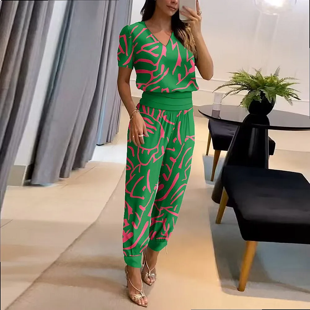Women's V Neck Print Short Sleeve Top Long Pants Matching Set 2 Piece Lounge Suit