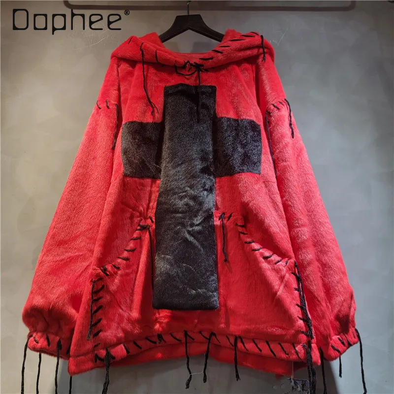 Felpe con cappuccio di media lunghezza alla moda di grandi dimensioni in stile europeo da donna Cappotto peloso con stampa croce gotica stile Harajuku autunno inverno
