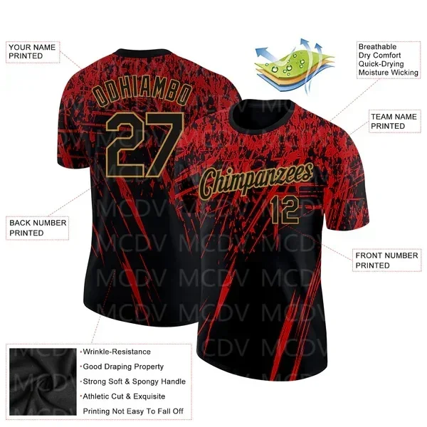 

Custom Black Red-Old Gold 3D Pattern Design Performance T-Shirt 3D Printed T shirts Unisex Summer Sports Tops Tees