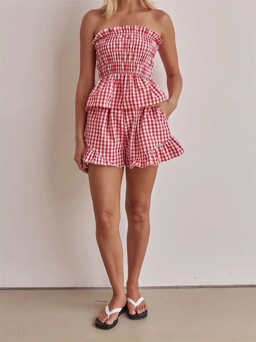 

Sexy Cheered Strapl Lace orts Set Women's Floral Trim Bustier ort Pants Outfit Polyester Material Spring Season