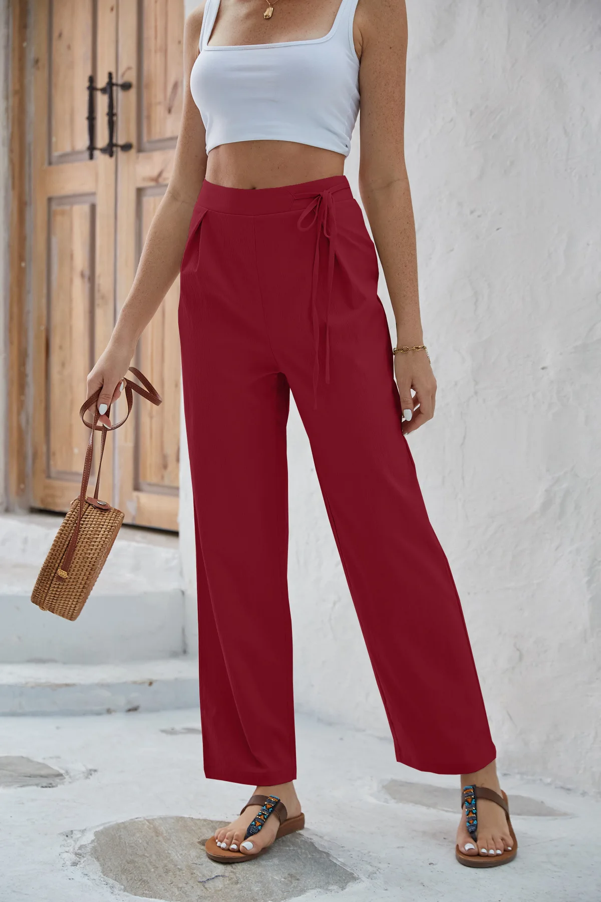 High Rise Asymmetric Waist Palazzo Pants with Self-Tie String Front Pleat Design Cropped Ankle Wide Leg Bottoms with Slant Pocke