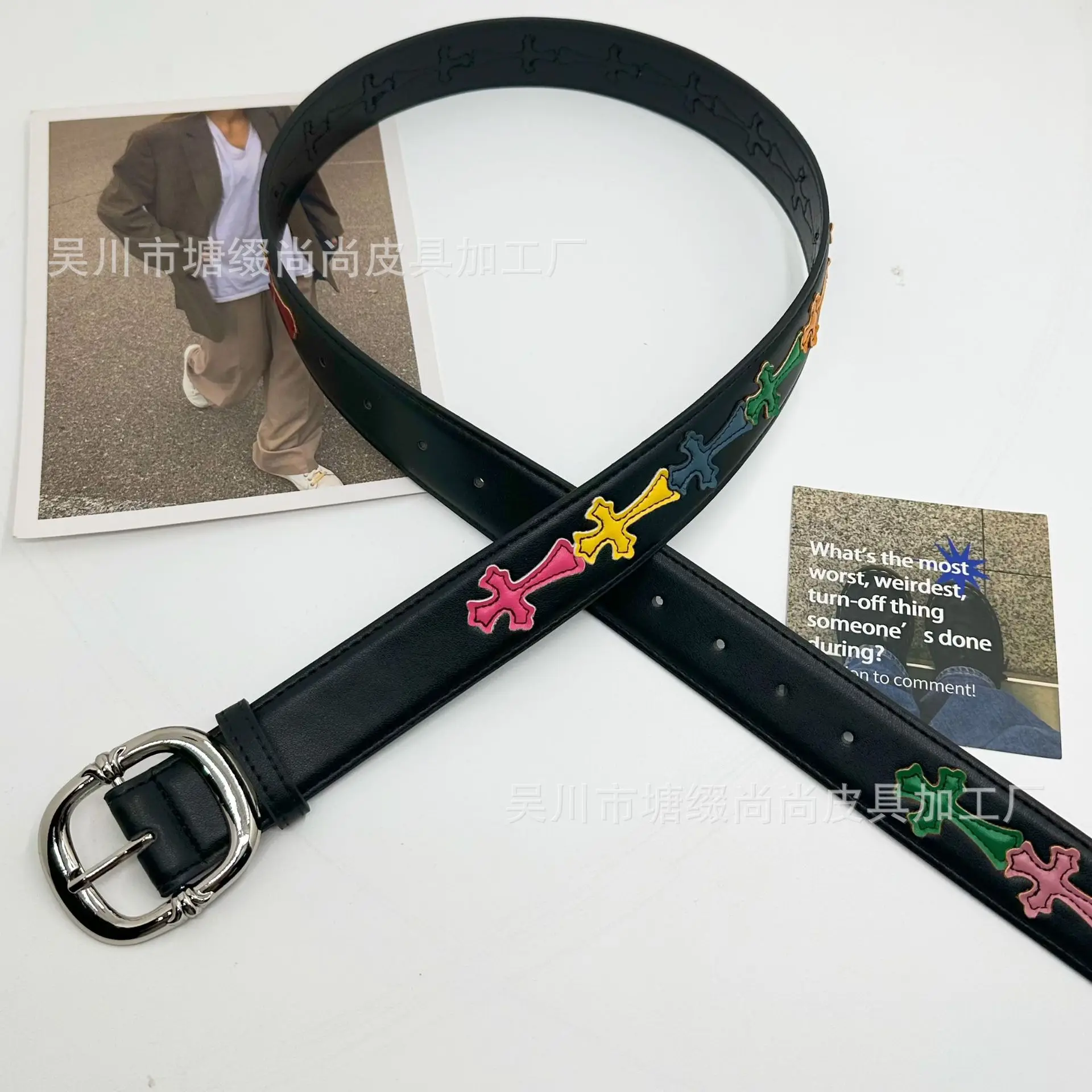 Cro CH Needle Buckle Belt for Men and Women with Hollow Red Patchwork Cross Vine Belt Star Style Retro Classic