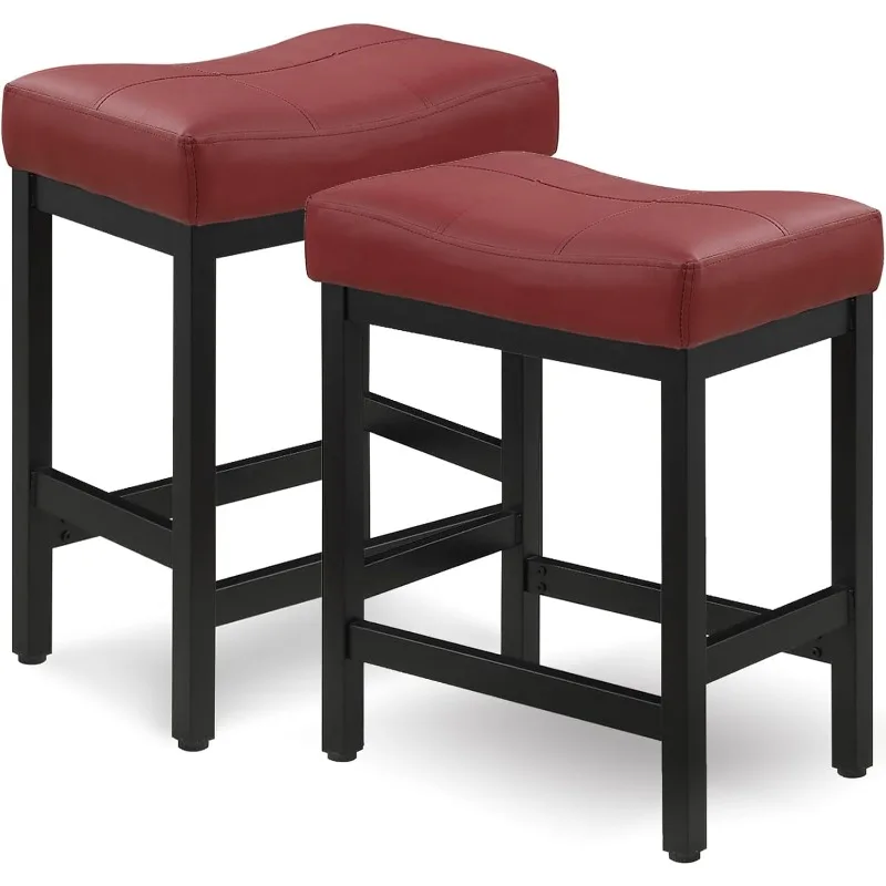 Bar Stools Set of 2, Counter Height Stools 24 Inch Saddle Stools, PU Leather Kitchen Barstools with Metal Base,