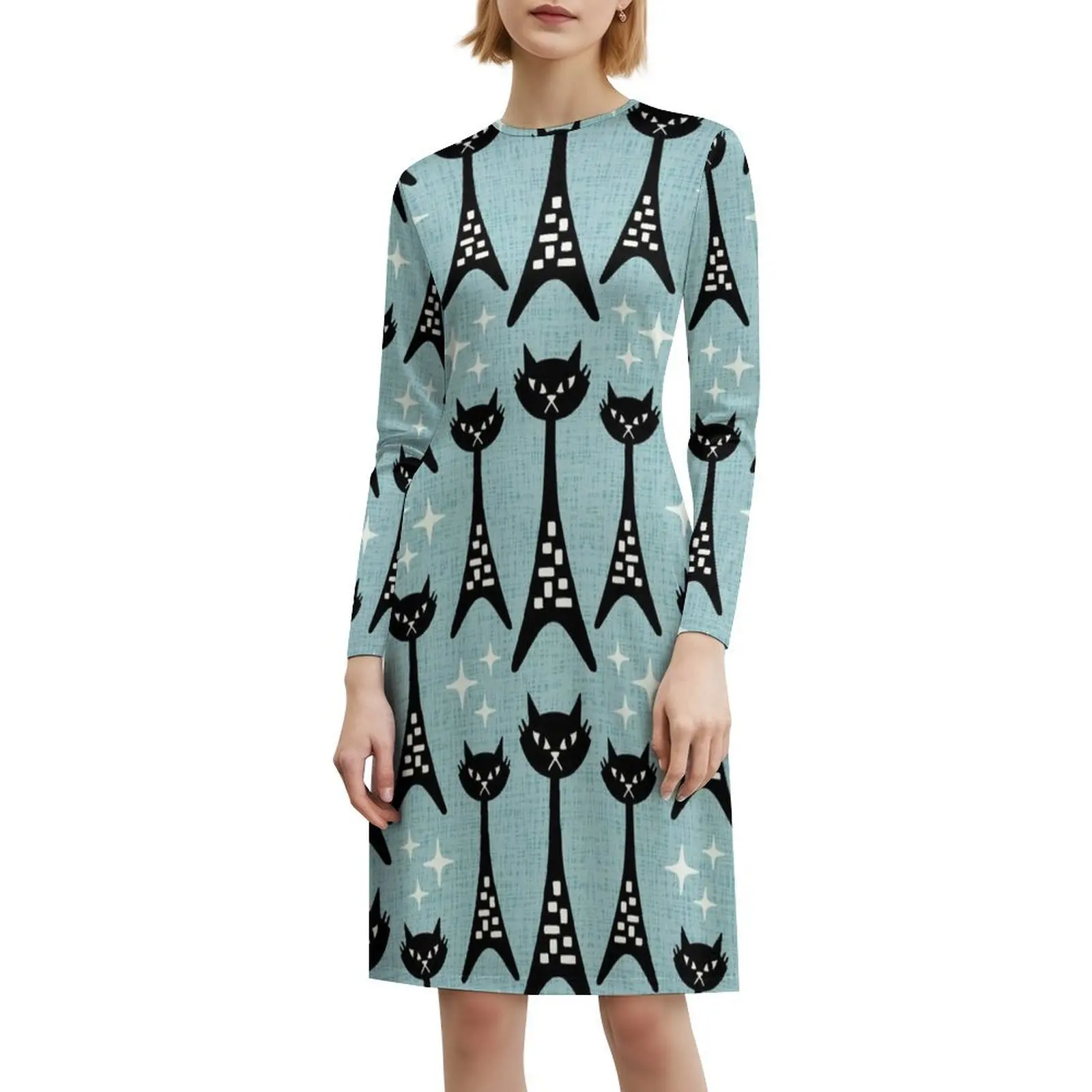 متعة منتصف القرن الحديثة القط نمط 359 الأسود والأزرق البوهيمي فستان بلا أكمام متعدد طباعة شاطئ عطلة فستان الحفلات الرجعية #6