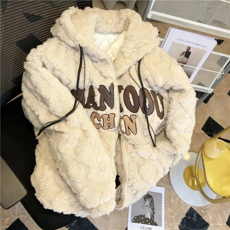 Artificial Lamb Plush Hoodeds Coats Women Winter Thick Warm Long Sleeve Loose Sweatshirts Y2K Ladies All-Match Plush Outerwear