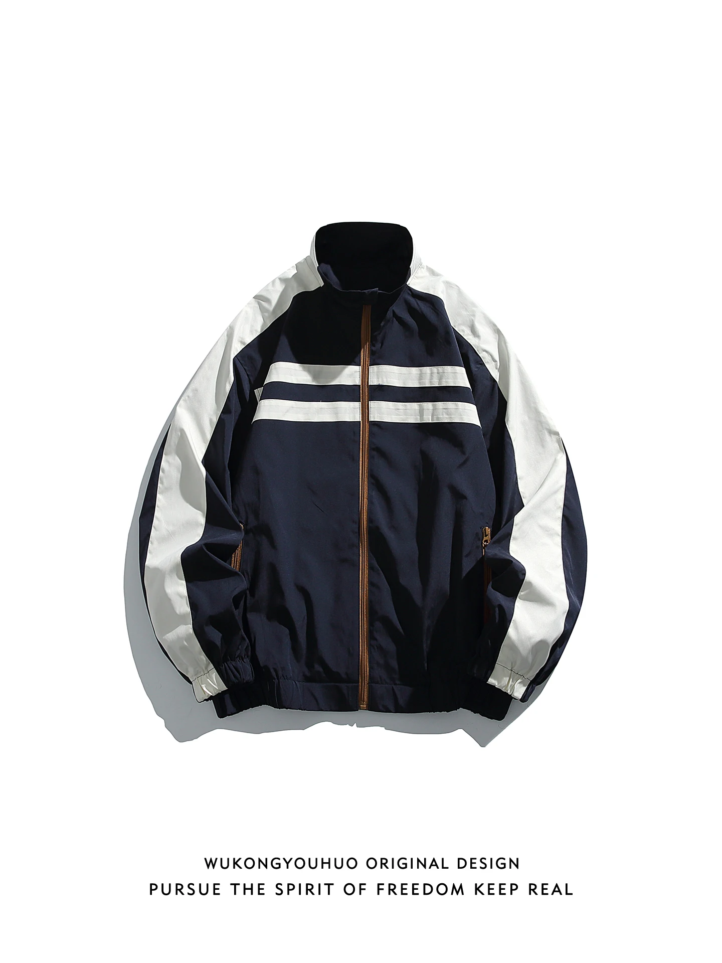 

Trendy American Color Blo Stand Collar Jaet Loose Fit ex Spring Vintage Couples Outerwear Polyester Fiber Long Sve