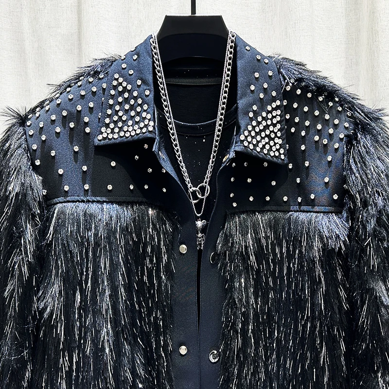 PFHQ Autumn Winter Men Jacket Fashion Diamond Studded Tassel Plush Light Luxury Turn-down Collar Male Tops Fashion 21Z7554