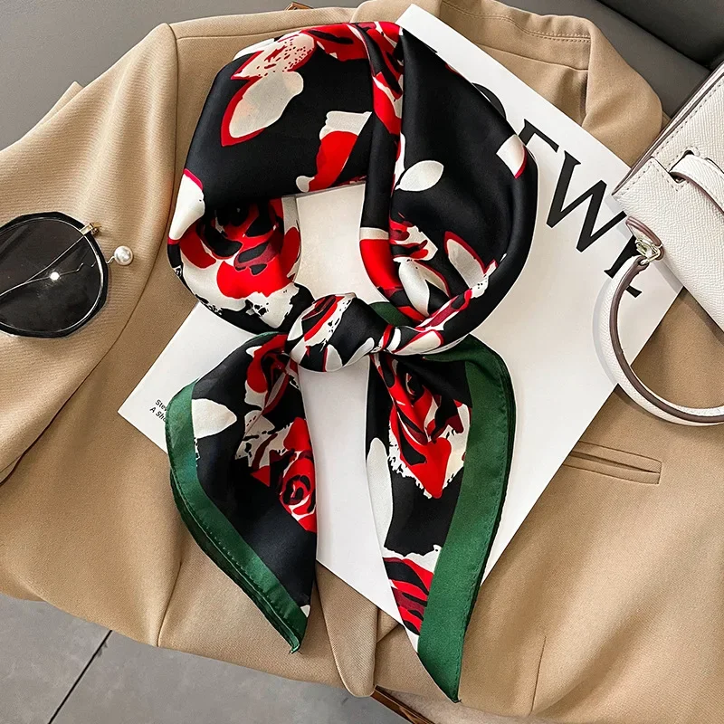 New Floral Print Shawl Design Silk Square Scarf Women Female Wrap Headkerchief Hijab Beach Stoles Hair Band Echarpe Bandana 2023