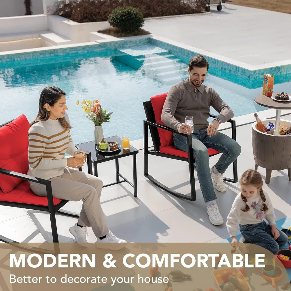 3-Piece Wicker Outdoor Rocking Bistro Set with Glass Top Coffee Table, Red Patio Furniture Conversation Area