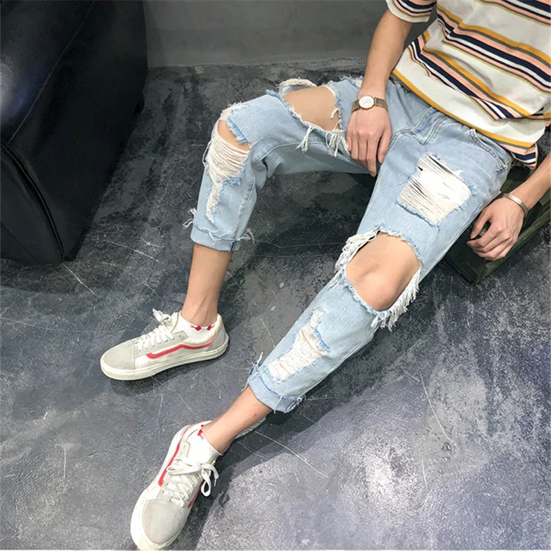 

Летние тонкие мужские джинсы с рваными коленями, прямые, свободного кроя, в корейском стиле, модные, повседневные, облегающие, из девяти частей, в стиле «пайпер», для стройности