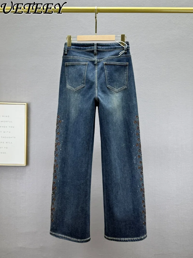 Fleece-Lined Denim Straight-Leg Pants for Women Winter New High-Waisted Loose Slimming Retro Embroidered Rhinestone Jeans