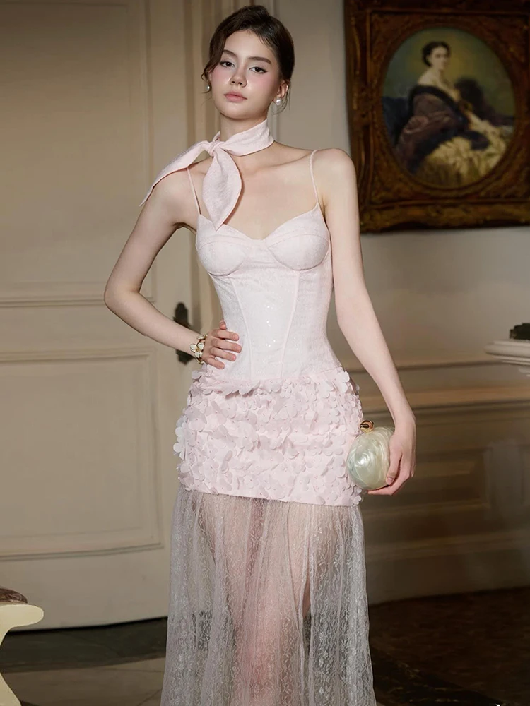 Vestido elegante de Kliou para mujer, vestido de cuello bajo, sin espalda, sin mangas, malla de retales, dobladillo, fiesta de graduación de medianoche, elegante Bodycon largo fruncido