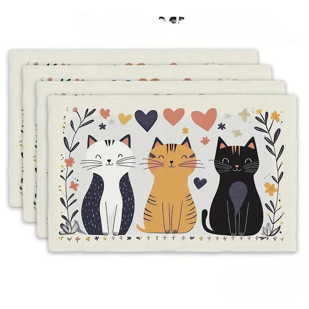 Cute Cartoon Three Cats Floral Heart Leaf Border Print Rectangular Placemats Set Lovely Pet Animal Kitchen Dining Table Mats