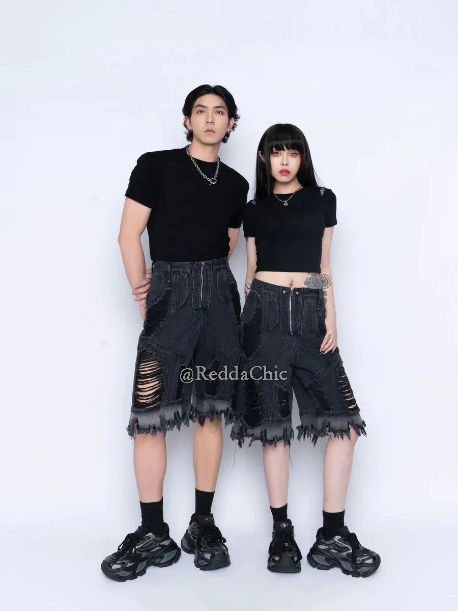 REDDACHiC Pantaloncini di jeans cargo patchwork sfilacciati da donna Bordo grezzo Cerniera Pantaloni bermuda a gamba larga distrutti Grunge Harajuku Streetwear