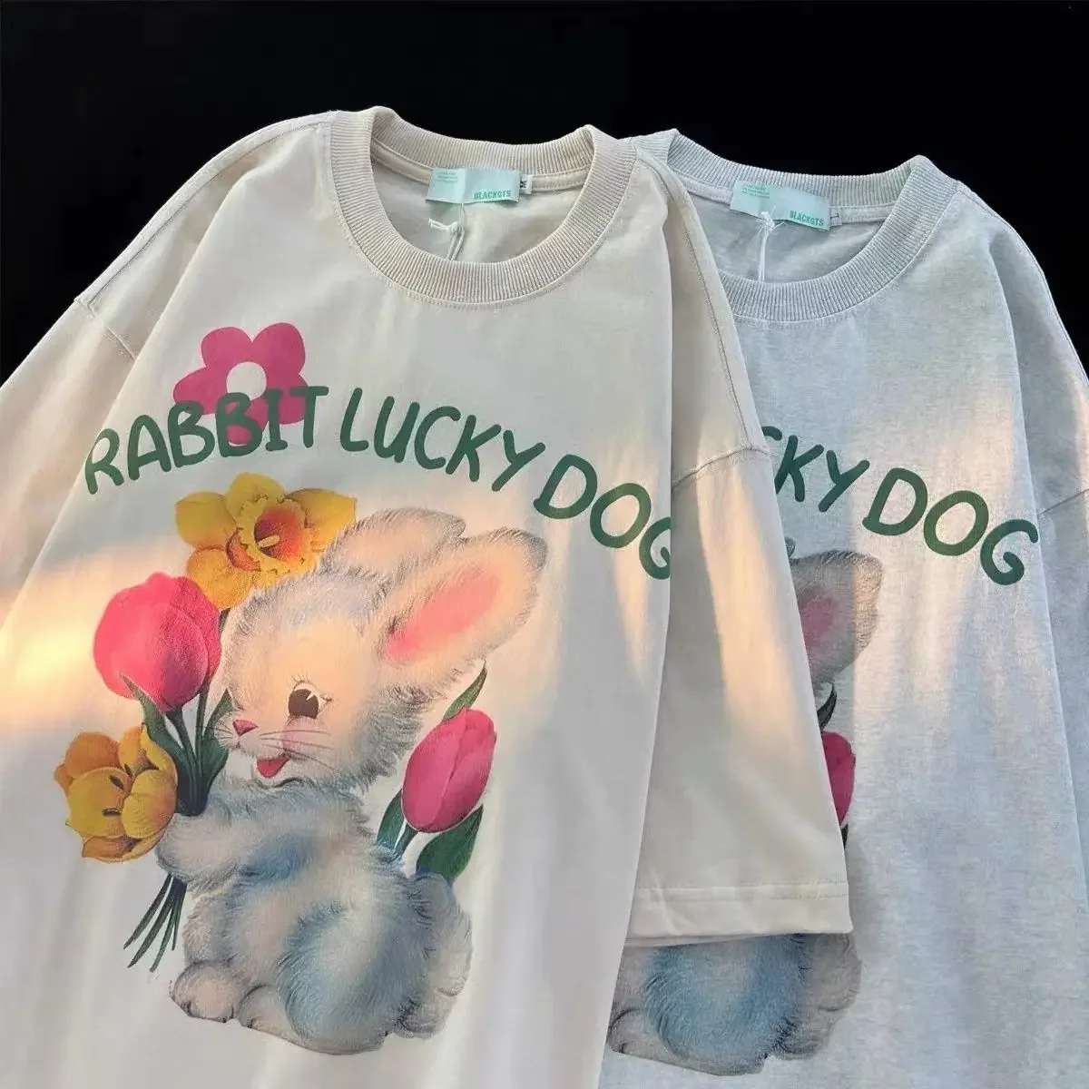 American Vintage Pure Cotton Flower Rabbit Short Sleeve T-shirt WomenSummer Loose Versatile Casual Lazy Hong Kong Style Chic Top