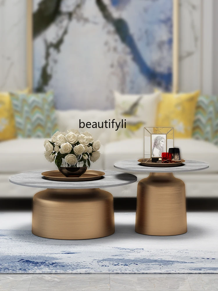 Stone Plate Coffee Table Light Luxury Simplicity Modern Gold-Plated Brushed Tea Table Combination Small Apartment  round Table