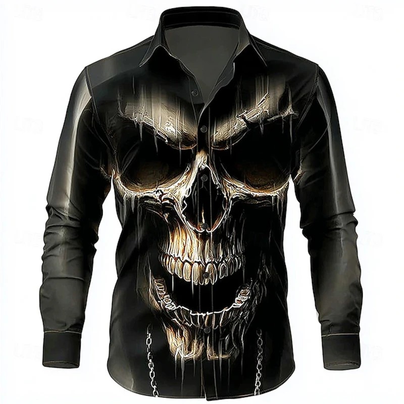 

2025 Fall Men's Skeleton Print Shirt Casual Formal Button Long Sleeve Vintage Dark Punk Gothic Style Holiday Collared Shirt