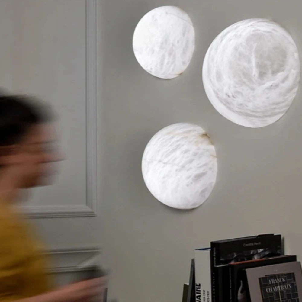 Natural Alabaster LED Wall Lamp Nordic Round Marble 3000K White Light Ball Marble LED Wall Lights Bedroom Living Room Home Decor