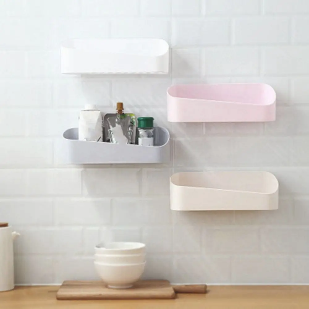 Plastic Bathroom Shelf Simple White Punch-free Cosmetic Storage Box Self Adhesive Wall-Mounted Toilet Shelf for Home