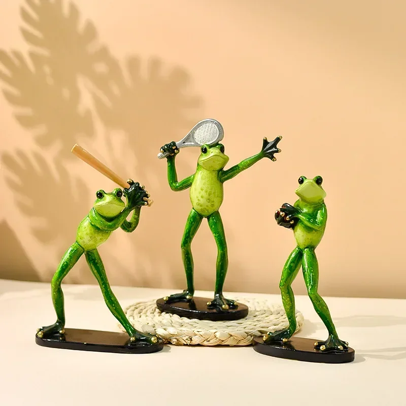 20cm Funny Play Tennis Sportsman Frog Animal Model Action Figure Resin Statue Crafts Cabinet desktop Home Decor Ornament Gift