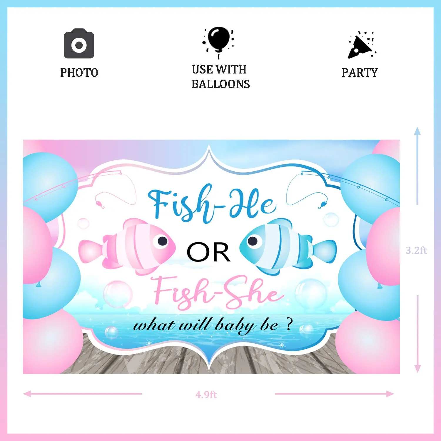 Gender Reveal Photography Background, Fish, She, He Banner, Boy or Girl Backdrop, Blue and Pink, Baby Shower, Party Decorations