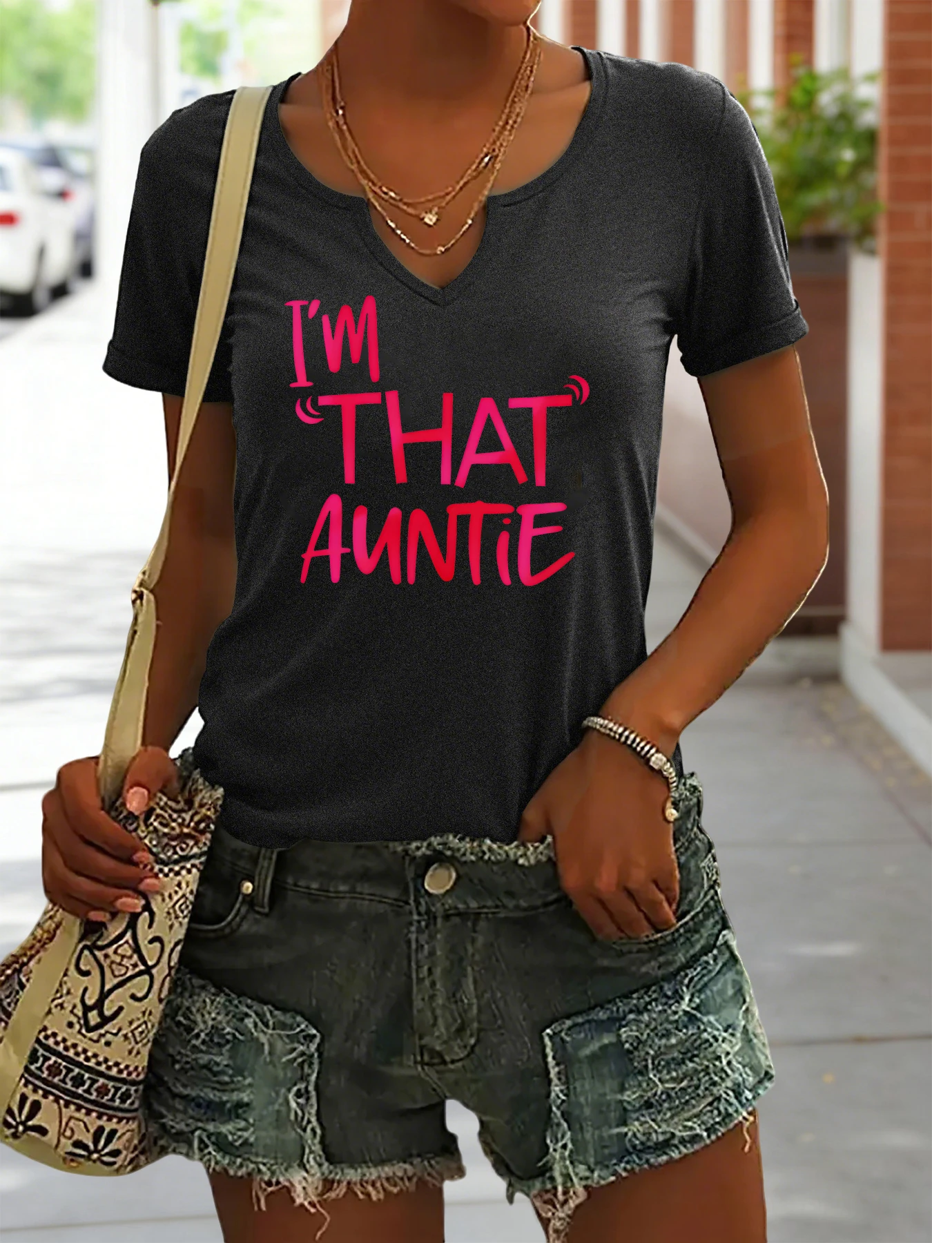 Women Summer Notch V Neck Short Sleeve T-Shirt, Bright Pink 