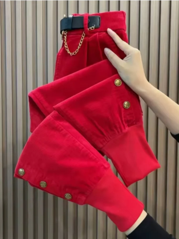 New Fashion Corduroy Pants Women Autumn Winter Solid Fleece-lined Warm Casual All-Match Comfortable Ladies Harem Trousers