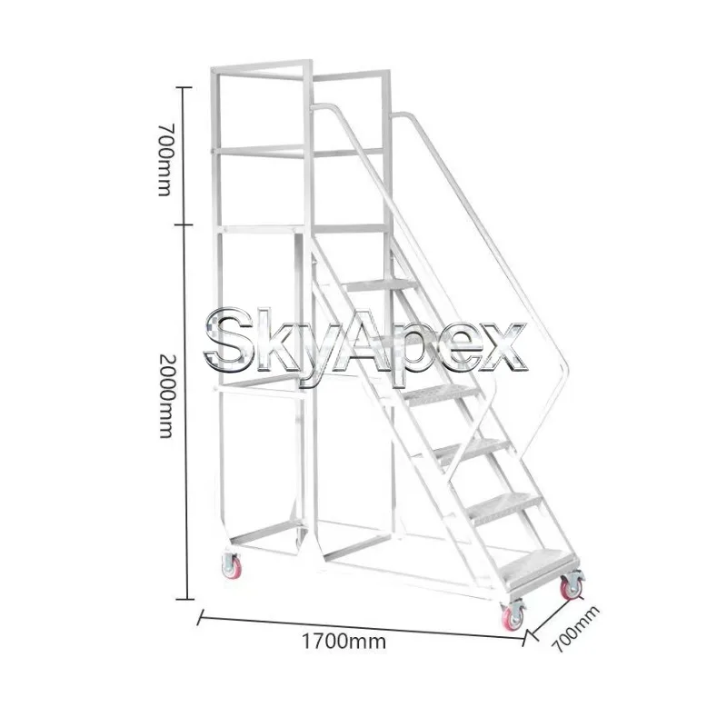 Portable Mobile Warehouse Access Picking Trolley Ladder With Full Safety Railing Anti‑slip Steps For Factory Stock Picking Work