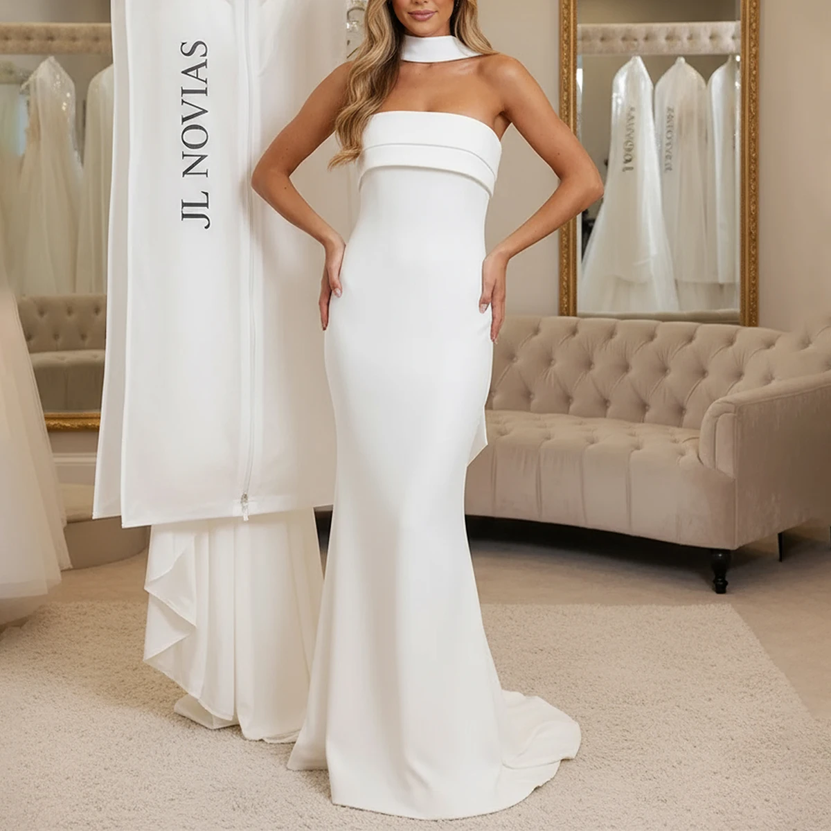 ロマンチックなストラップレスのシースウェディングドレス花嫁のための Vestidos ノビアマーメイドロングブライダルパーティードレススカーフ付き