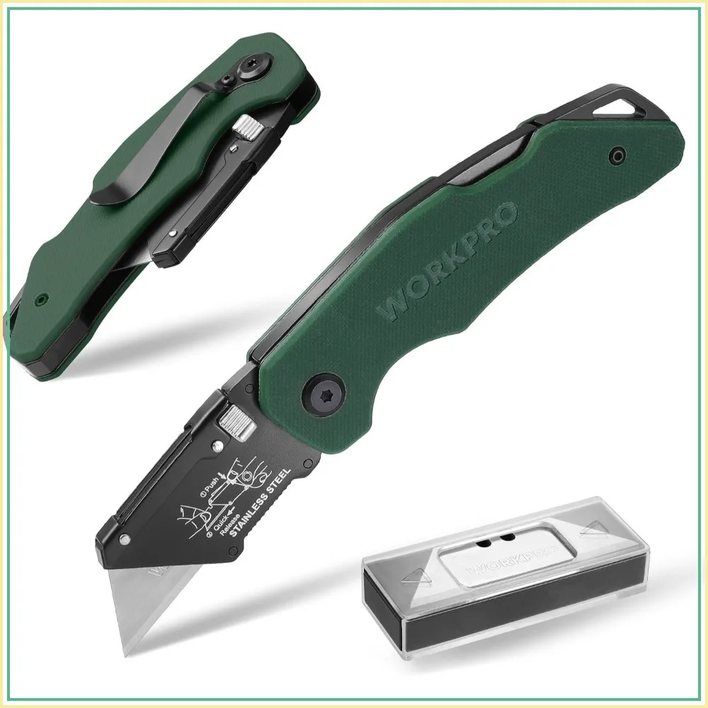 Folding Utility Knife G10 Handle Stainless Steel Head Quick-Change Blade Back Lock Heavy Duty Box Cutter 1PC Razor Knife Extra 10PC SK5 Blades