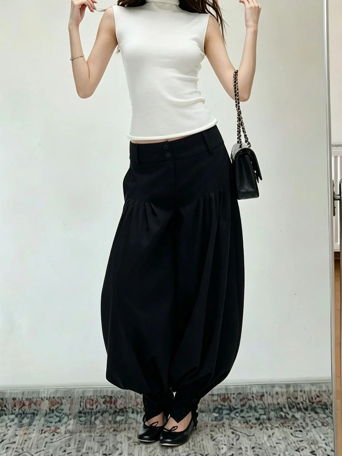 Black Double-Buckled Wide Waist Heavy Embellished Pleated Cuffed Pants Women's Lazy Low Waist Loose Slimming 3D Lantern Pants