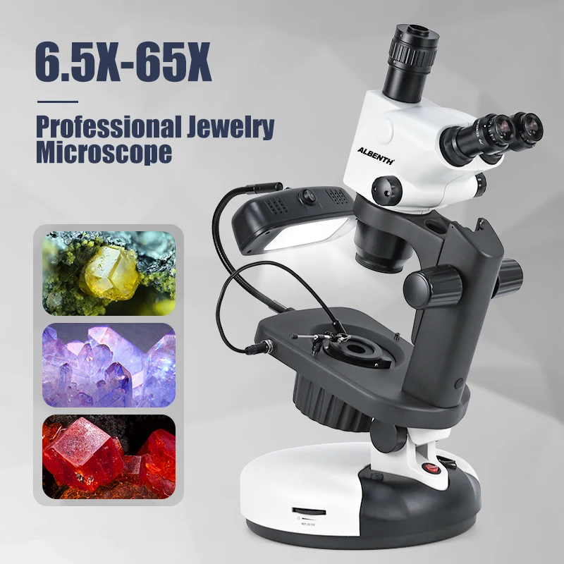 

Advanced Trinocular Zoom Gemological Stereo Microscope 6.5X-65X Professional Jewelry Microscope With Light Source Jewelry Clip