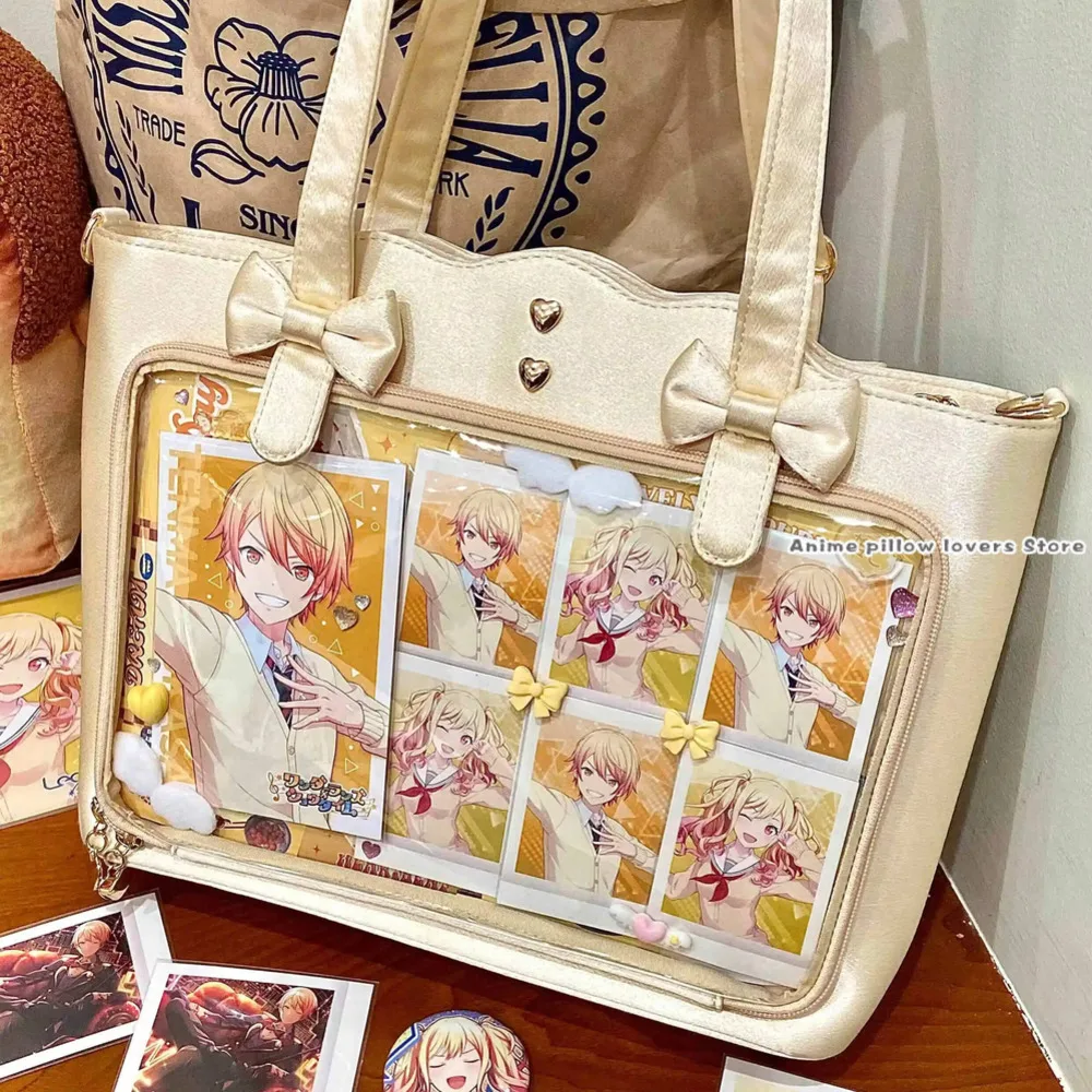 

Original Lovely Bowknot Itabag Transparent PU Messenger Cute Lolita Shoulder Bags Soft Sister Laser JK Uniform Bag Handbag