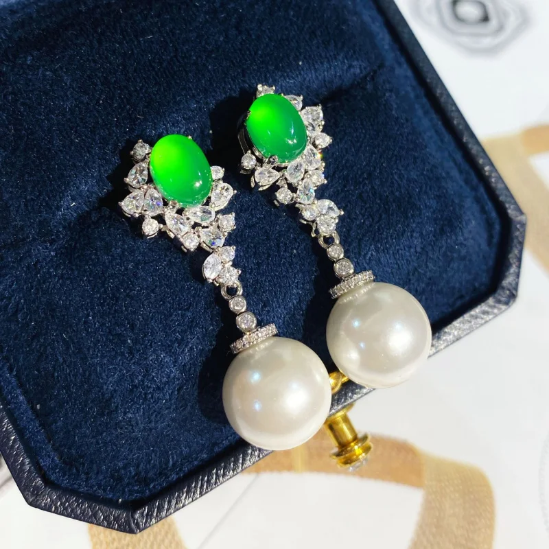 Shell Comparable to Pearl Natural Ice Transparent Green Agate Chalcedony Egg Surface Versatile Earrings for Women