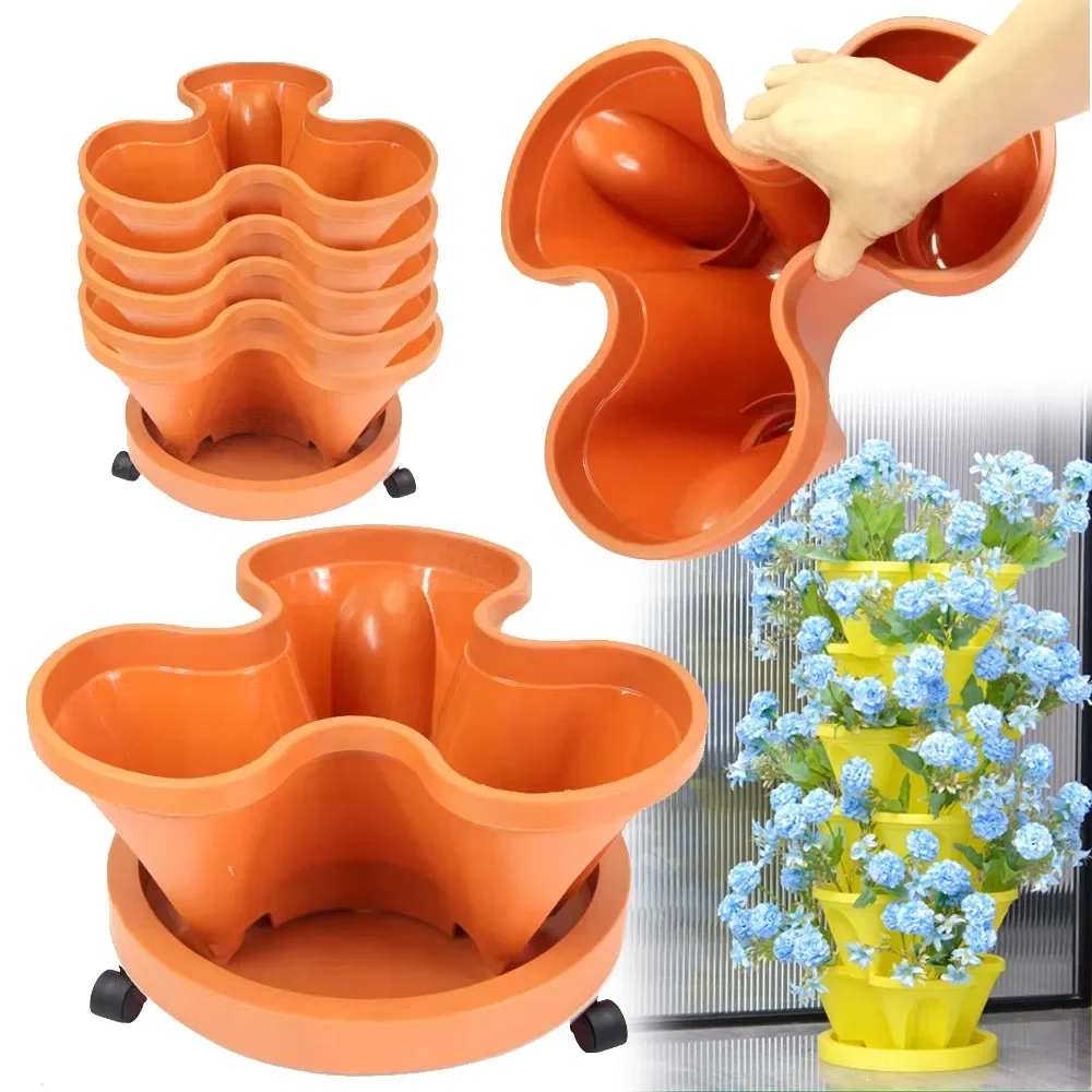 Garden PP Plastic Stackable Plant Planter w/ Wheel Tray Garden Greenhouse Flower Vertical Vegetable Flowerpots Bottom Breathable