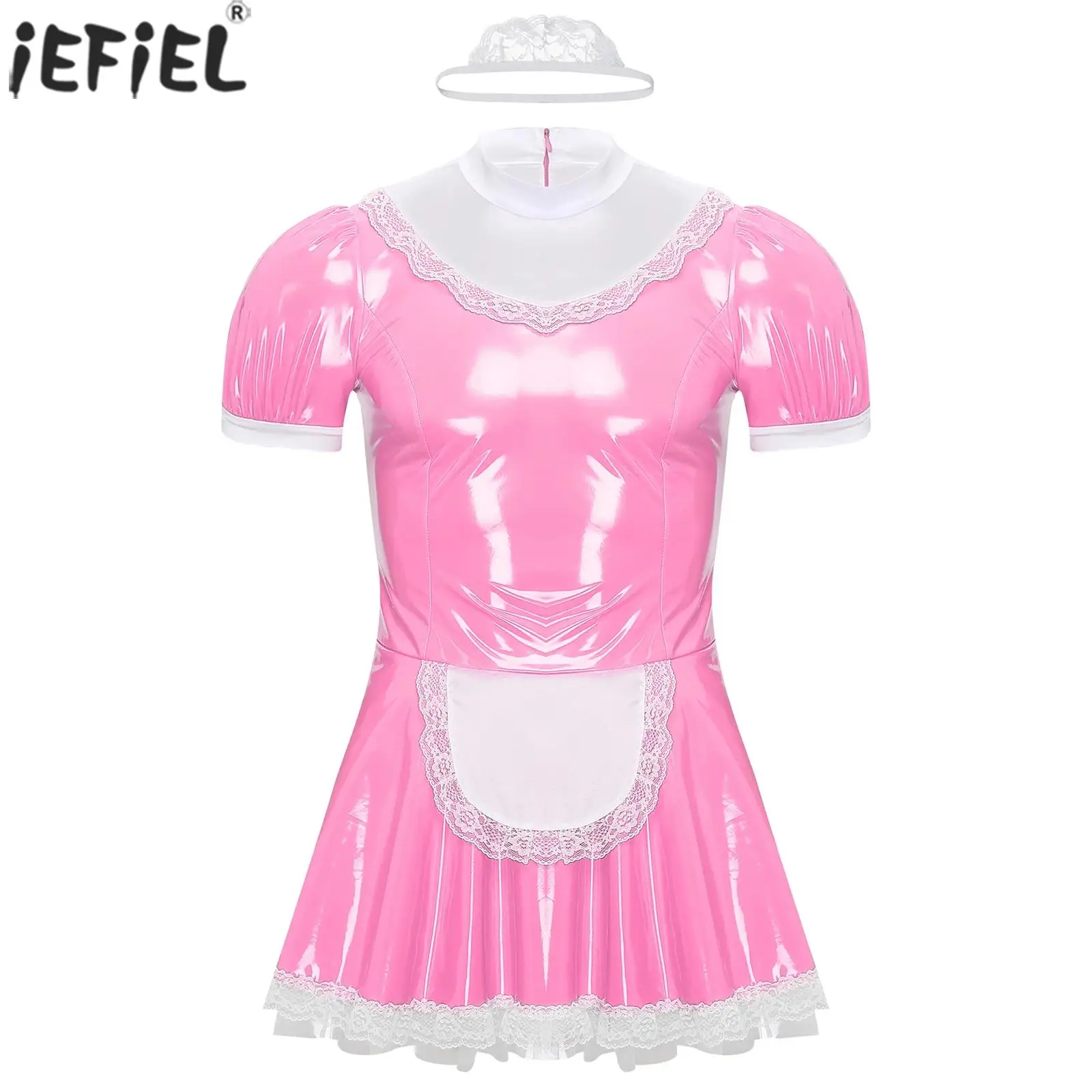 Men Sissy Cosplay Costumes Maid Dress Patent Leather with Ruffles Lace Puff Sleeve A-Line Dress Lace Headband for Sissy Dresses