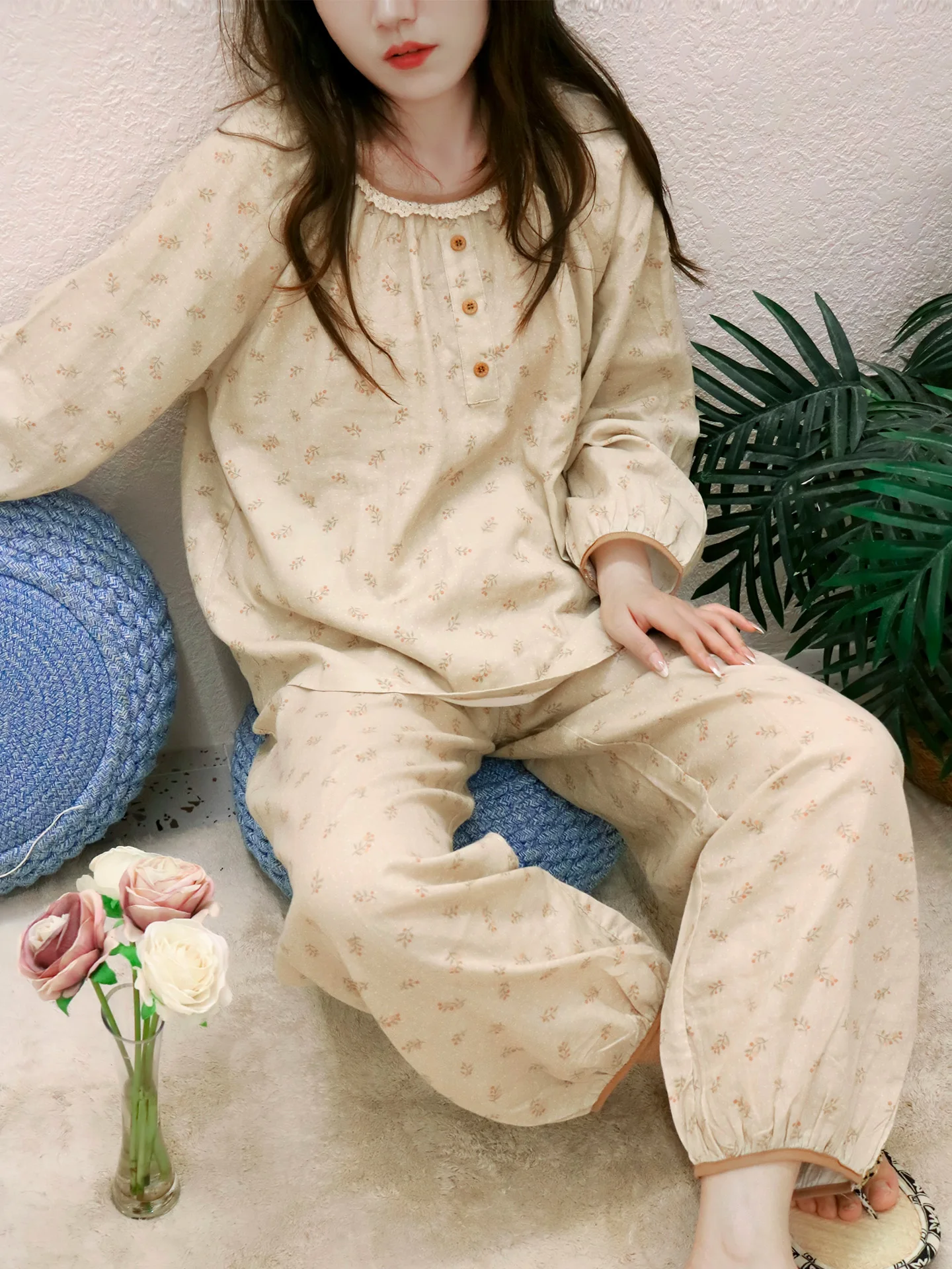 fihome-original-long-sve-round-ne-floral-pure-cotton-gauze-pants-nightgown-comfortable-loose-fit-spring-home-clothes