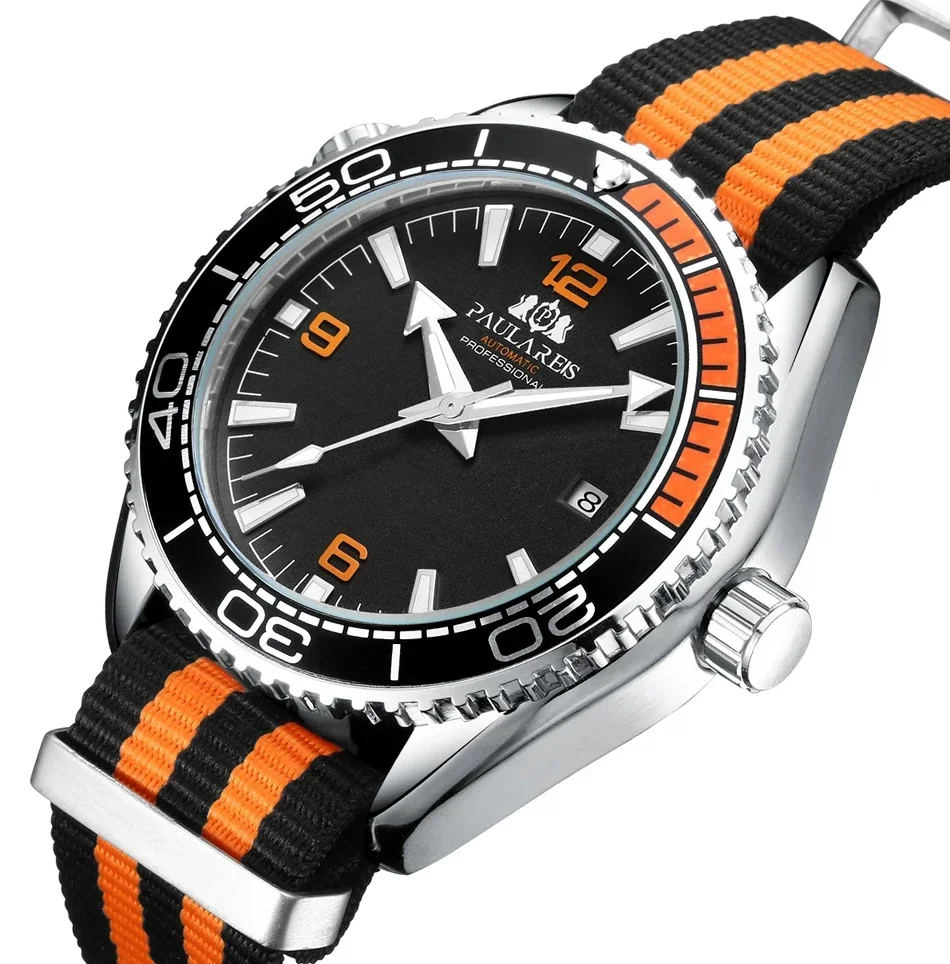 Automatic Watch for Men Mechanical Orange Black Blue Canvas Strap Luxury Reloj Hombre Relogios Masculino