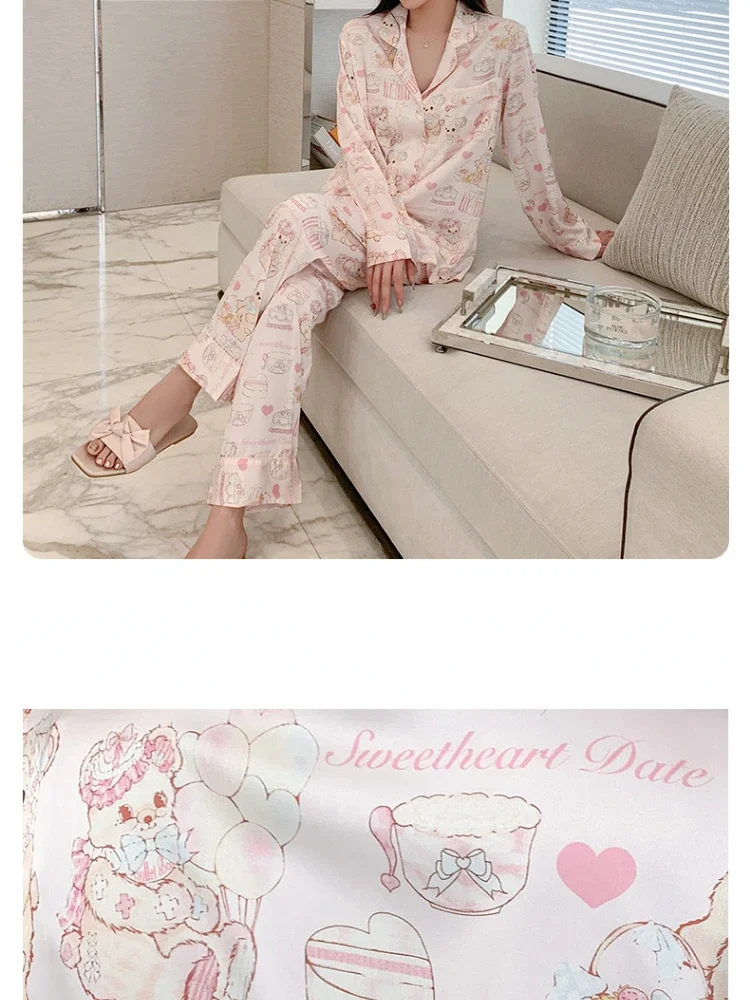 Pajama Pants Set Long Pants Long Sleeve Autumn Loose Large Size Women's Clothing Homewear Button Printed Casual  Comfortablee