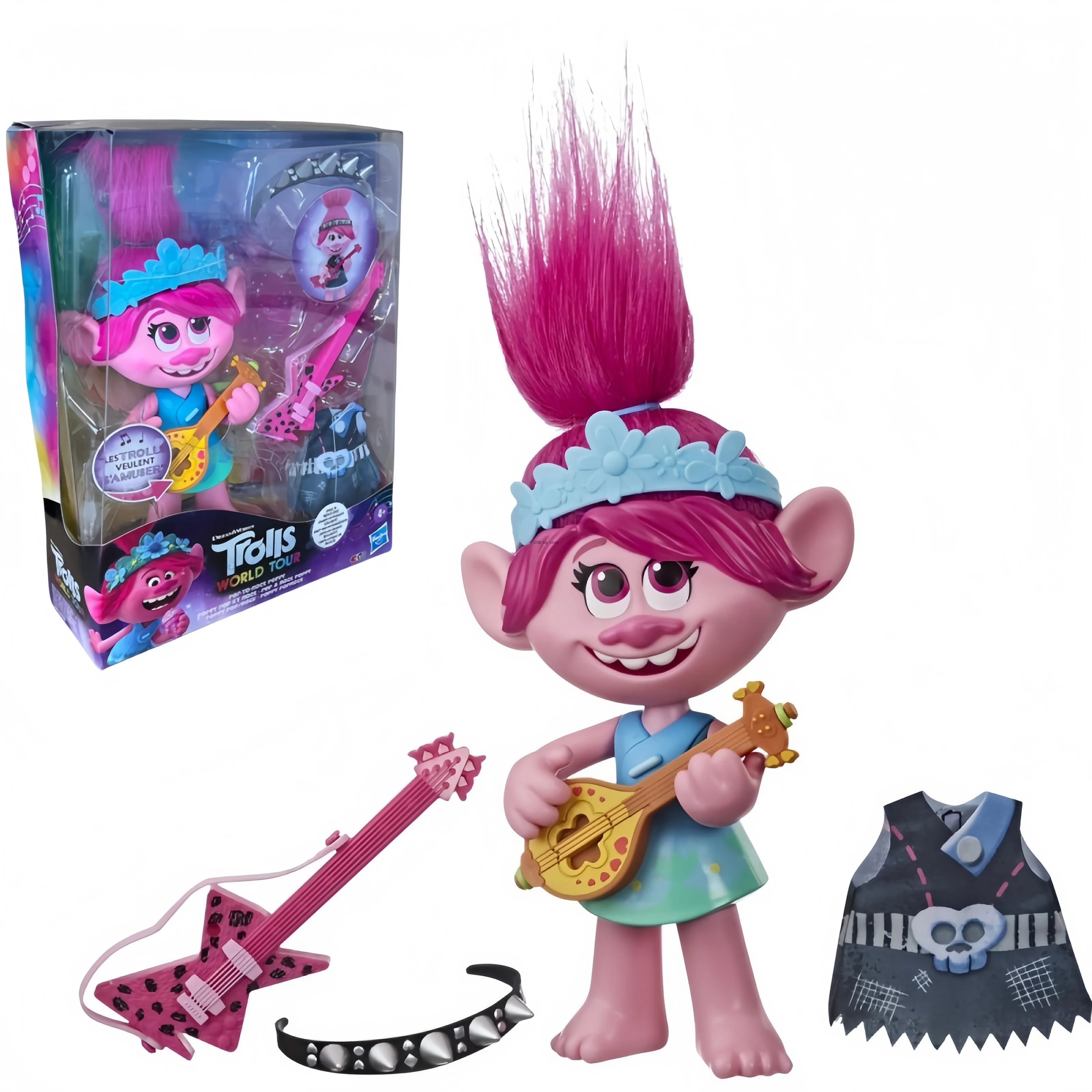 DreamWorks Trolls World Tour Pop-to-Rock Poppy Doll Guitar Accessories Dual Style Dress Up Role Play Collectible Holiday Gift