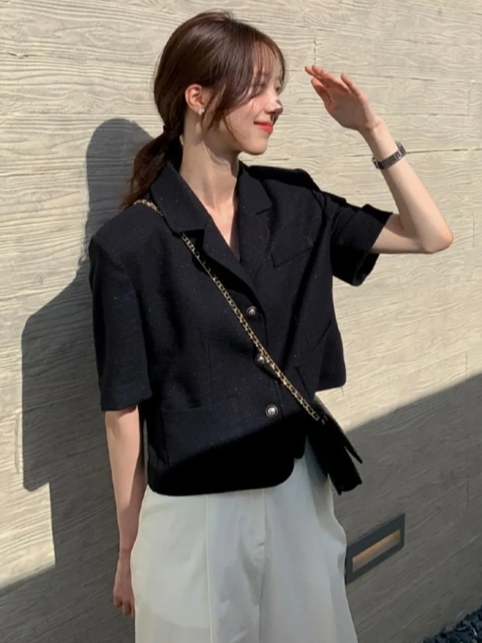 

Ele Summer Chic Single Button Loose Fit Double ket ort Sve Suit Jaet for Women Faionable Commute Sle