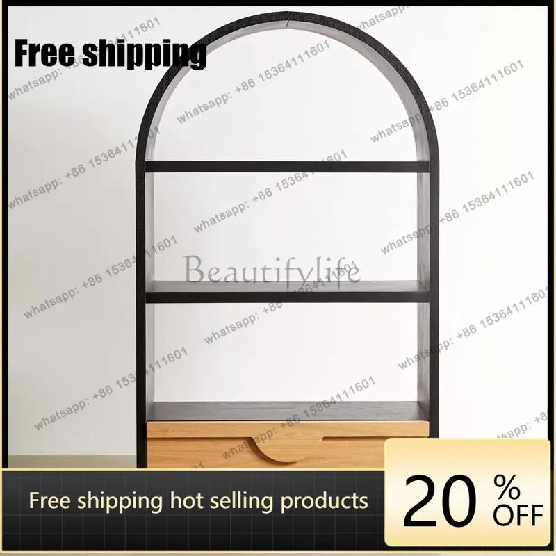 hot  French Arched Bookshelf Vintage Solid Wood Side Cabinet Wabi Sabi Wind Storage Cabinet Display Rack