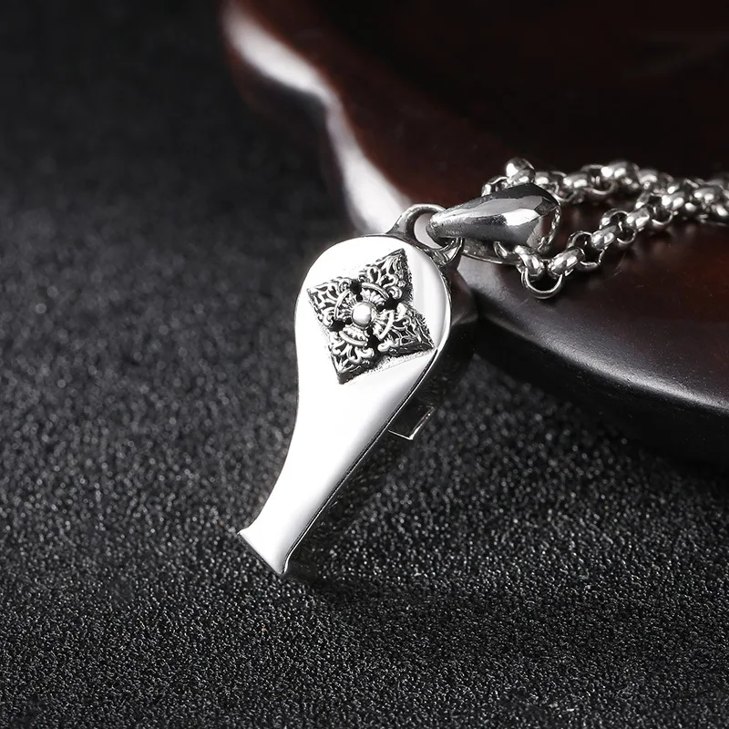 S925 Sterling Silver Whistle Pendant Black Color Old Process Unisex JinGangChu Six Words Fine Jewelry FYNE386