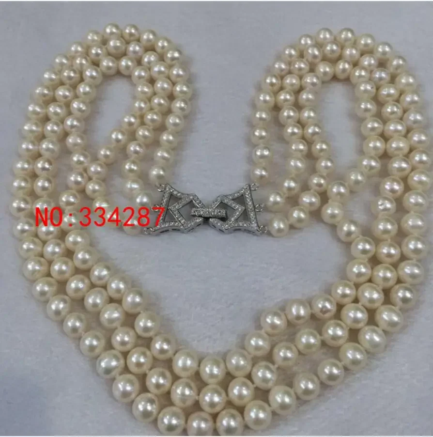 Jewelry  beautiful 3 rows AAA 7-8mm White Round Freshwater Cultured Pearl Necklace