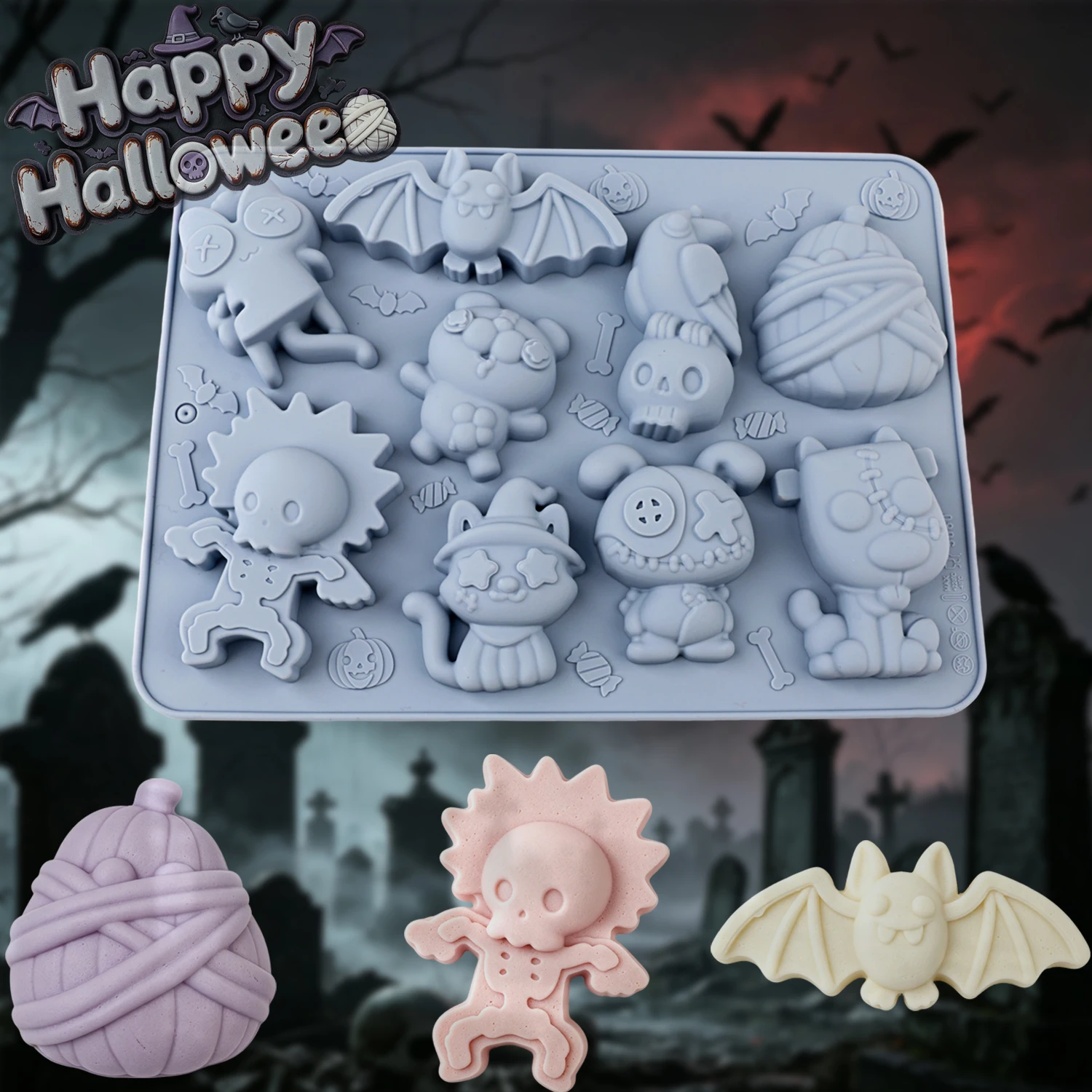 Halloween-Themen-Silikonbackformen, antihaftbeschichtet und leicht zu entformen, aus lebensmittelechtem Silikon, mit verschiedenen kreativen Formen wie Fledermäusen, Skeletten, Krähen, gruseligen Tierwelpen und Kätzchen, geeignet für die Herstellung von Cupcakes, Pralinen, Kuchendekorationen, Halloween-Dekorationen usw. Ideal für das Backen zu Hause, DIY für Anfänger und als Geschenk zum Backen zu Feiertagen. – Detail 2