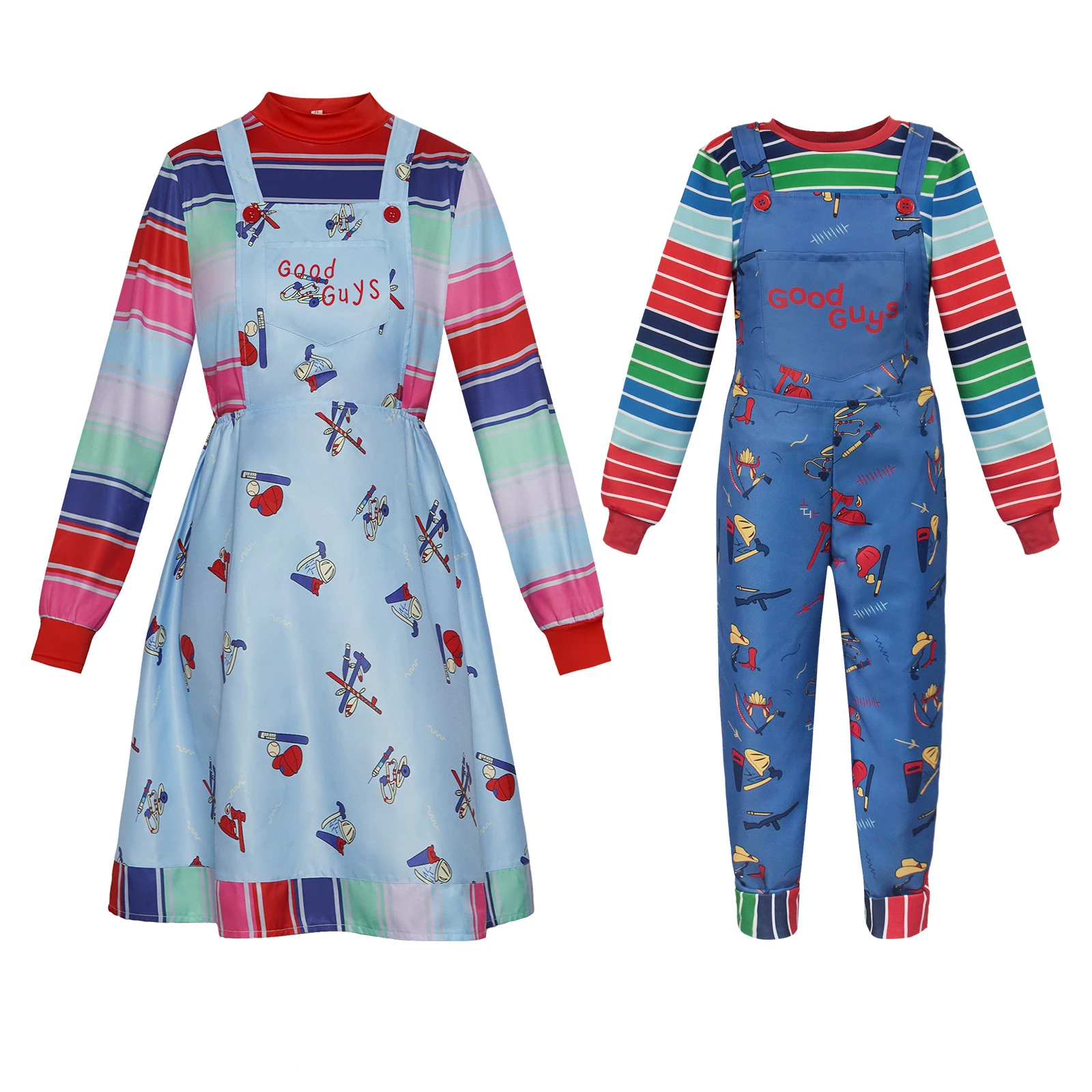 

Chucky Inspired Good Guys Cosplay Costume Set Overalls & Dress Outfit for Halloween Horror Themed Parties and Stage Performances
