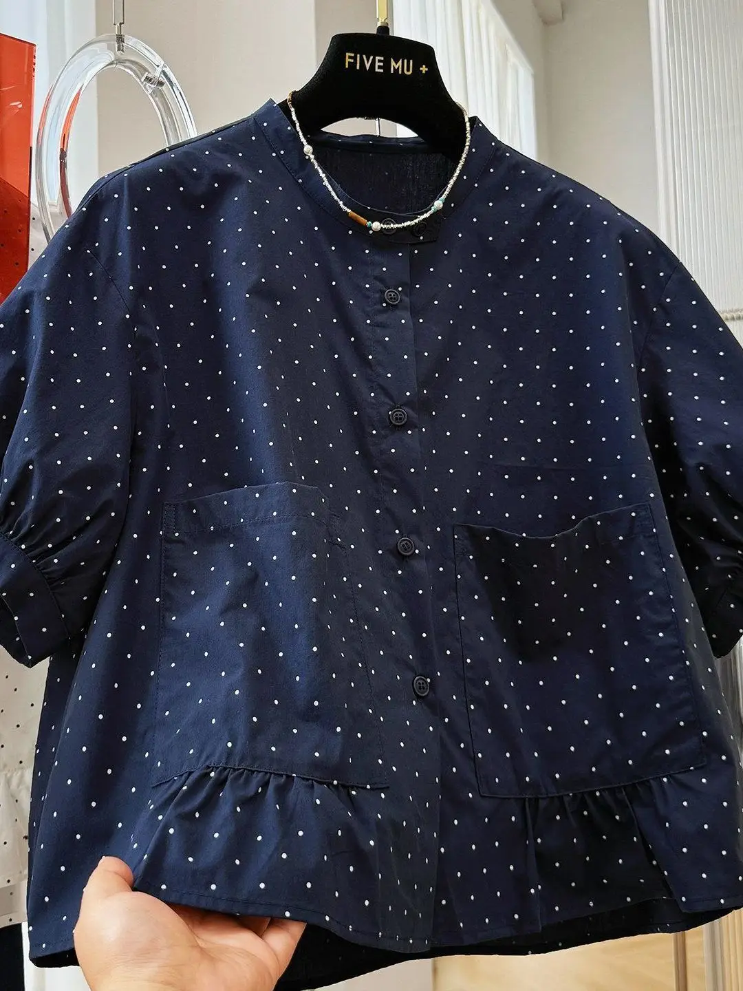 Polka Dot Print Bubble Sleeve round Neck Casual Style Slimming Top Summer New Arrival Versatile Doll Shirt Women's Fashion